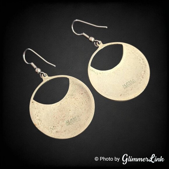 VTG Alpaca Mexico Geometric Inlay Abalone Shell Silver Tone Dangle Earrings - Picture 4 of 6